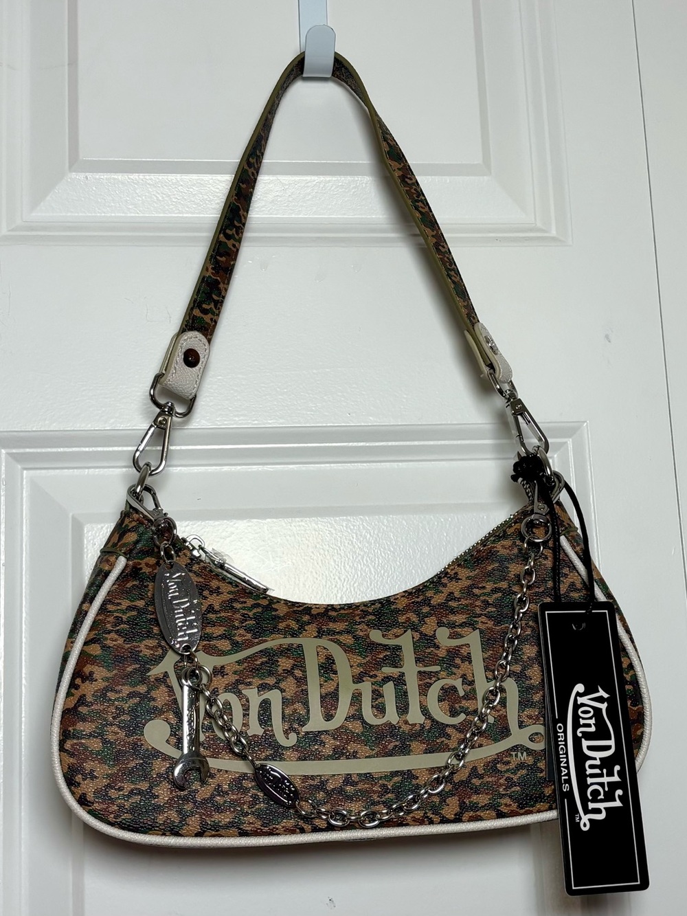 Von Dutch Green-Brown Camo Logo Shoulder Handbag